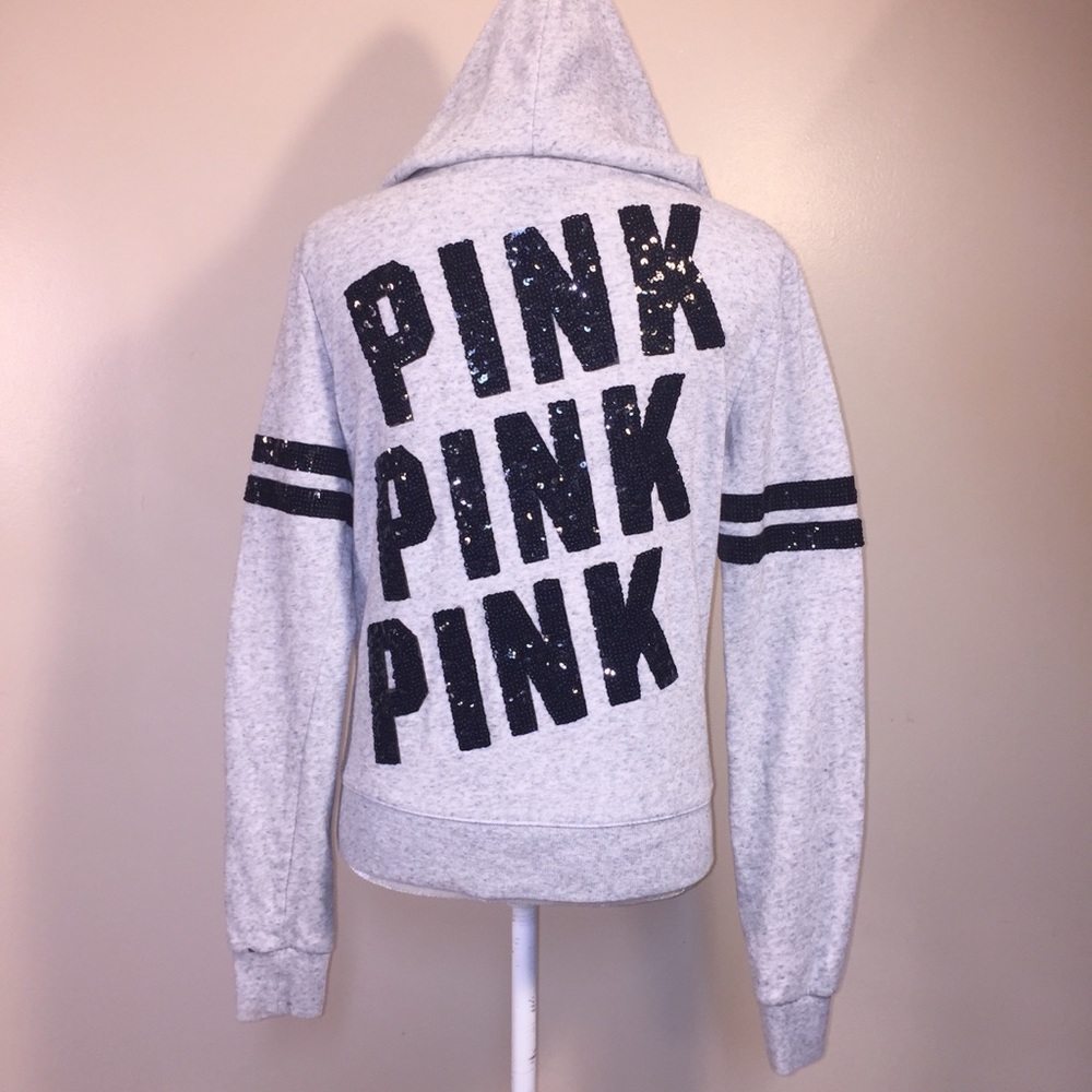 PINK Victoria’s Secret Hoodie Sequin Zip Spell Out - Picture 1 of 5